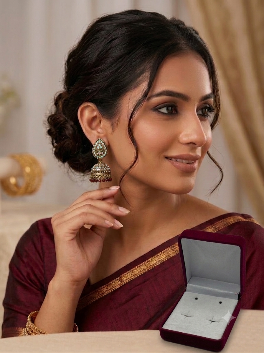 Antique Gold Iridescent Stone Jhumkas with Black Bead Drops