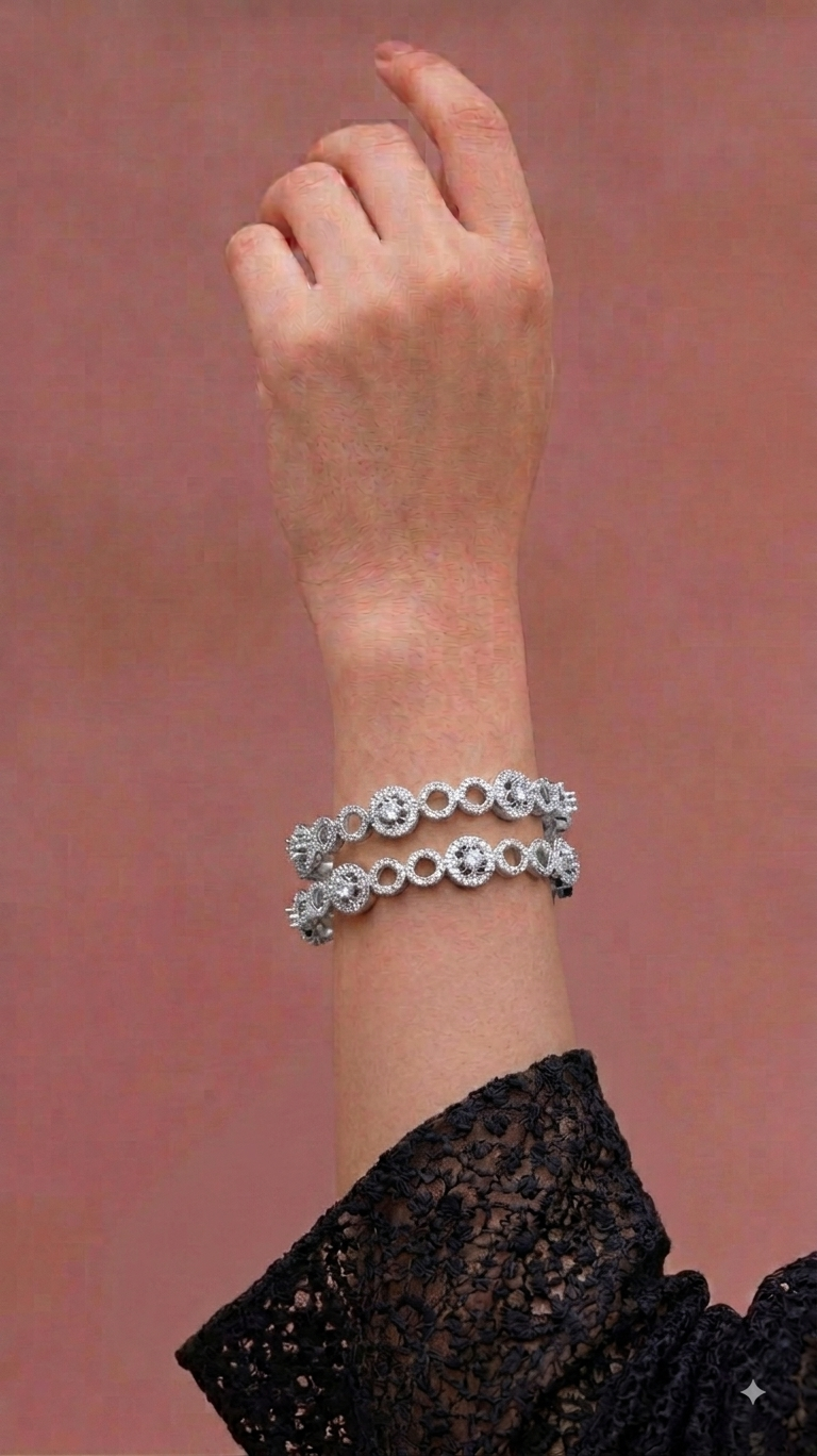 Silver Geometric Halo CZ Bangles