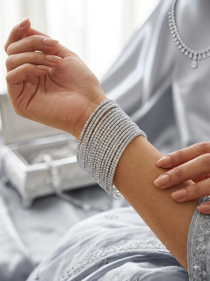 Silver Cubic Zirconia Stacked Tennis Bangles