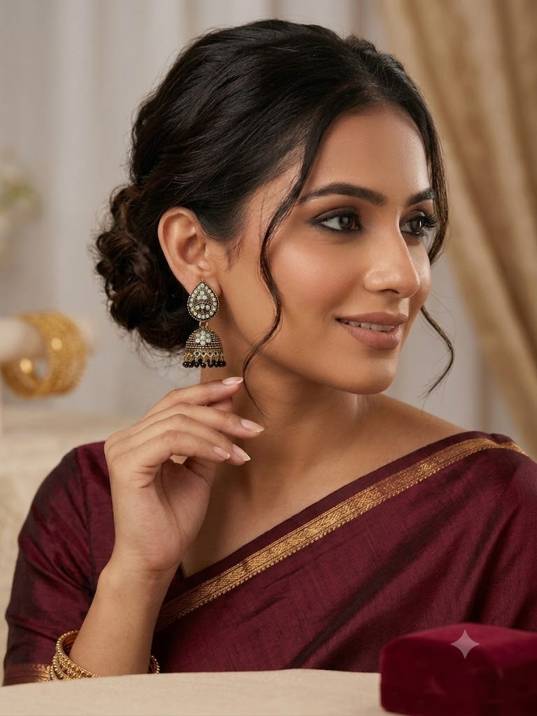 Antique Gold Iridescent Stone Jhumkas with Black Bead Drops