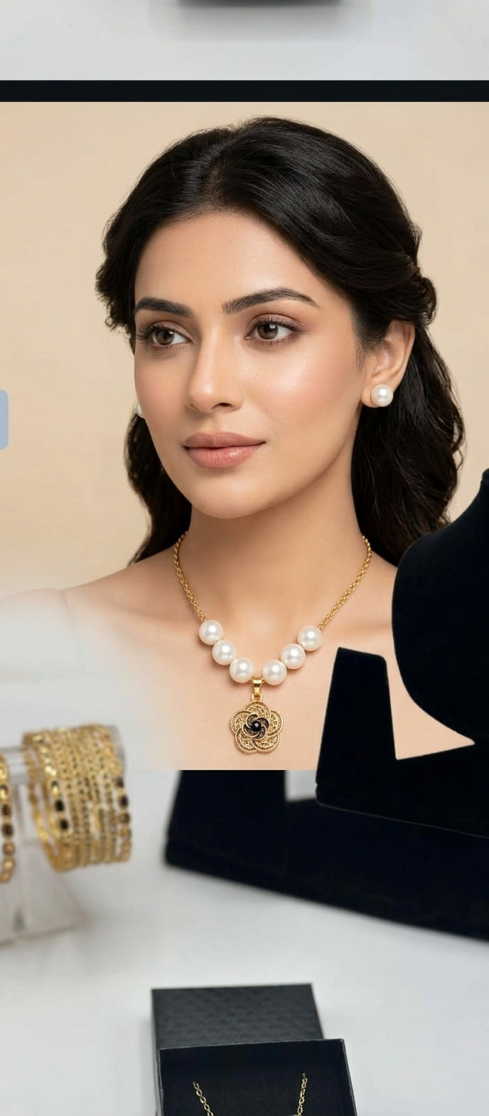 Floral Pearl Pendant & Earrings Set