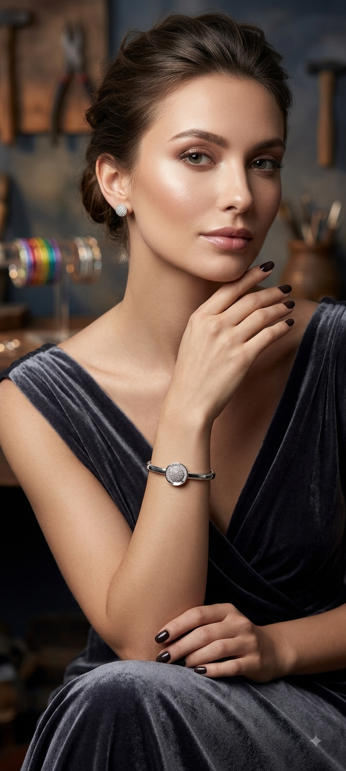 Embossed Medallion Silver Bangle