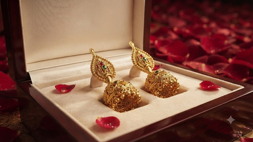 Royal Matte Gold Filigree Jhumkas with Ruby & Emerald Stones