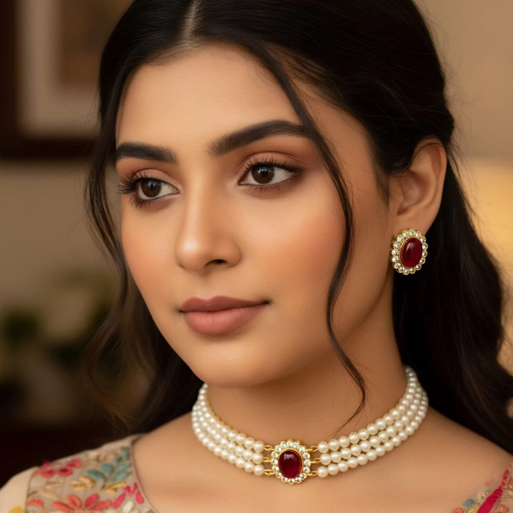 Classic 3-Row Pearl Choker Set with Oval Ruby Centerpiece & Matching Studs