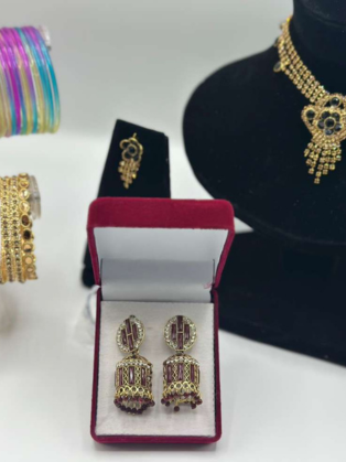 Traditional Gold-Plated Maroon Bead Jhumkas