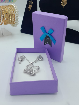 Crystal-Studded Heart Pendant & Earring Set