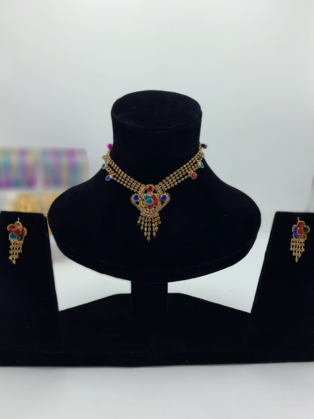 Multi-Color Stone Studded Gold-Toned Choker Set