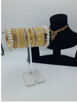 Pearl-Encrusted Matte Velvet Gold Bangle Set