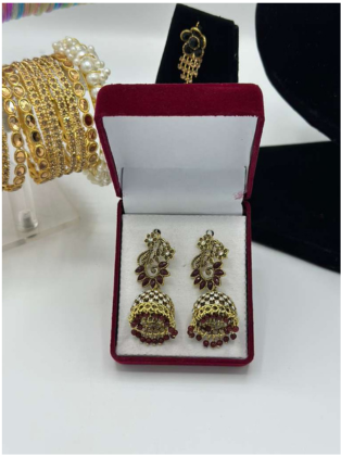 Antique Gold-Plated Peacock Jhumka Earrings with Ruby Red Accents