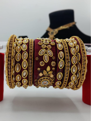 Crimson Velvet Silk & Kundan Bridal Chura Set
