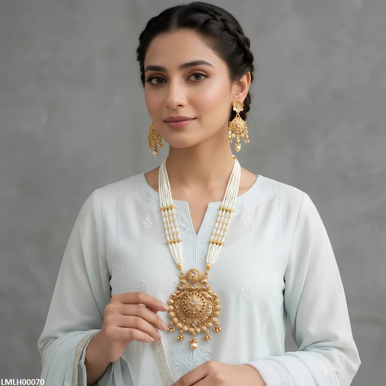 Royal Multi-Strand Pearl Rani Haar with Intricate Gold-Plated Statement Pendant & Matching Jhumkas
