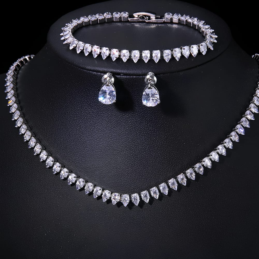 Elegant Pear-Cut Cubic Zirconia Tennis Necklace, Bracelet & Drop Earring 3-Piece Set