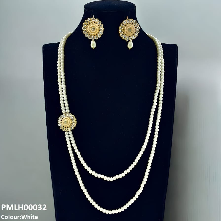 Traditional 2-Layer Long Pearl Mala Set with Kundan Side Motif & Matching Earrings