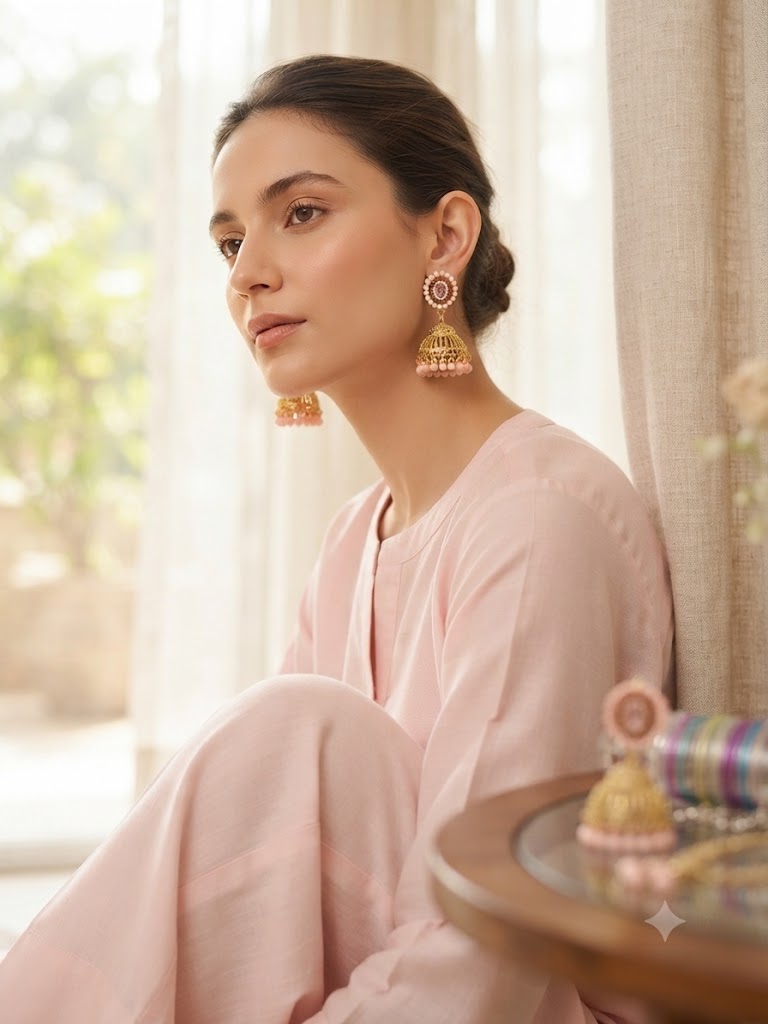 Rose Gold-Tone Pastel Pink Pearl Jhumka