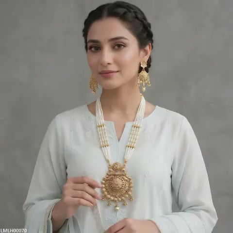 Royal Multi-Strand Pearl Rani Haar with Intricate Gold-Plated Statement Pendant & Matching Jhumkas