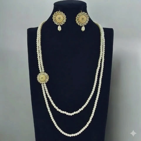 Traditional 2-Layer Long Pearl Mala Set with Kundan Side Motif & Matching Earrings